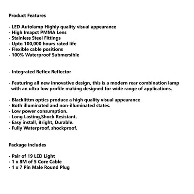 Pair of 19 LED TRAILER LIGHTS KIT - 1 x Male Round  Plug, 1 x 8M 5 CORE CABLE, 12V - Bigeagle Toolboxes