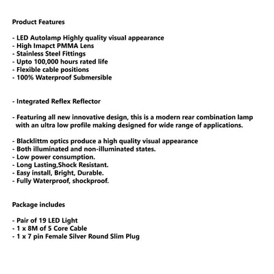 19 LED TRAILER LIGHTS KIT - 1 x Female Round Slim Plug, 1 x 8M 5 CORE CABLE, 12V - Bigeagle Toolboxes