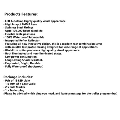 2 x 19 LED TRAILER LIGHTS KIT,1 x Trailer Plug, 10M CABLE, 2 x Red & Yellow Side Marker 12V - Bigeagle Toolboxes