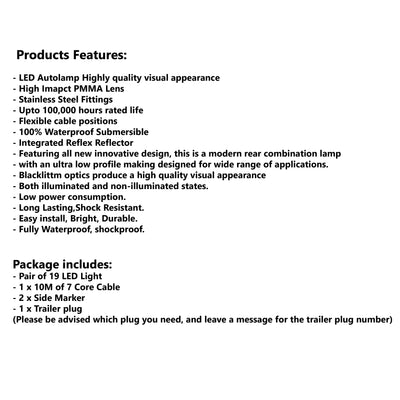 19 LED TRAILER LIGHTS KIT,1 x Trailer Plug, 10M CABLE, 2 x Red & Yellow Side Marker 12V - Bigeagle Toolboxes