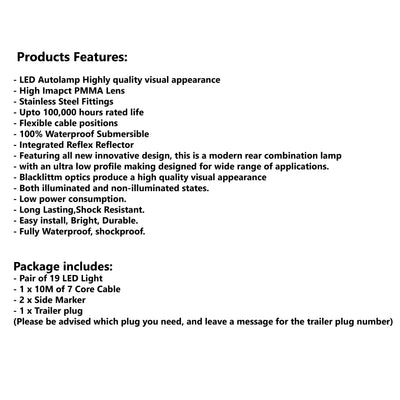 2 x 19 LED TRAILER LIGHTS KIT,1 x Trailer Plug, 10M CABLE, 2 x White Side Marker 12V - Bigeagle Toolboxes
