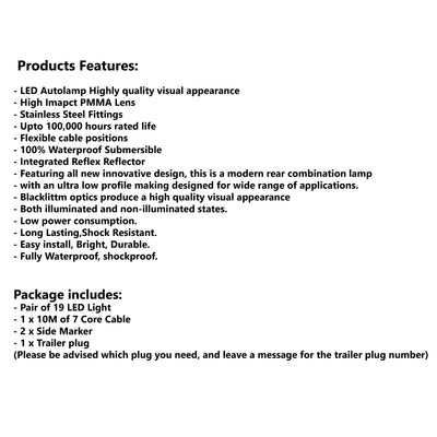 2 x 19 LED TRAILER LIGHTS KIT,1 x Trailer Plug, 10M CABLE, 2 x  yellow Side Marker 12V - Bigeagle Toolboxes
