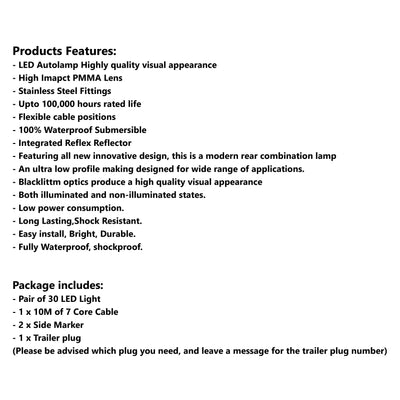 2 x 30 LED TRAILER LIGHTS KIT,1 x Trailer Plug, 10M CABLE, 2 x Yellow Side Marker 12V - Bigeagle Toolboxes