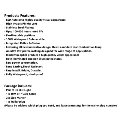 2 x 30 LED TRAILER LIGHTS KIT,1 x Trailer Plug, 10M CABLE, 2 x Red Side Marker 12V - Bigeagle Toolboxes