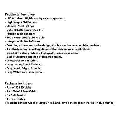 30 LED TRAILER LIGHTS KIT,1 x Trailer Plug, 10M CABLE, 2 x Red & Yellow Side Marker 12V - Bigeagle Toolboxes