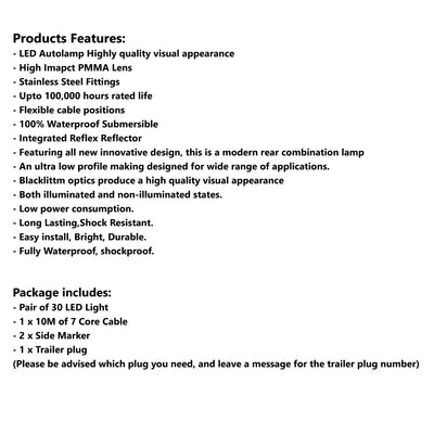 2 x 30 LED TRAILER LIGHTS KIT,1 x Trailer Plug, 10M CABLE, 2 x White Side Marker 12V - Bigeagle Toolboxes