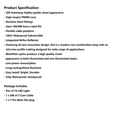 10 LED TRAILER LIGHTS KIT - 1 x Male Flat Plug, 1 x 8M 5 CORE CABLE, 12V - Bigeagle Toolboxes