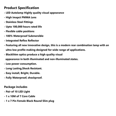 10 LED TRAILER LIGHTS KIT - 1 x Female Round  Slim Plug, 1 x 10M 7 CORE CABLE, 12V - Bigeagle Toolboxes