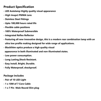 10 LED TRAILER LIGHTS KIT - 1 x Male Round Slim Plug, 1 x 10M 7 CORE CABLE, 12V - Bigeagle Toolboxes