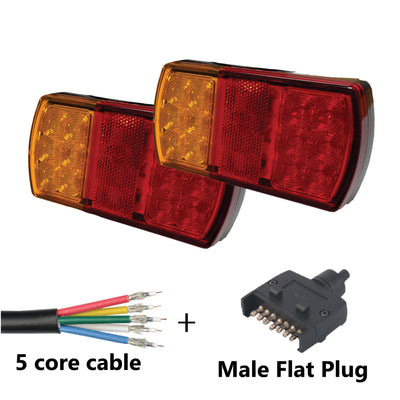 Pair of 12 LED TRAILER LIGHTS KIT - 1 x Male Flat Plug, 1 x 8M 5 CORE CABLE, 12V - Bigeagle Toolboxes