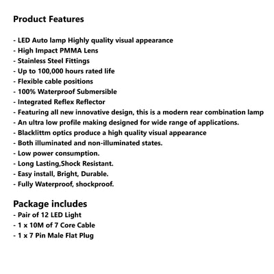 12 LED TRAILER LIGHTS KIT - 1 x Male Flat Plug, 1 x 10M 7 CORE CABLE, 12V - Bigeagle Toolboxes