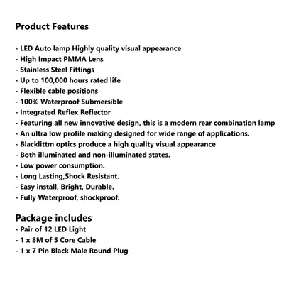 12 LED TRAILER LIGHTS KIT - 1 x Black Male Round Plug, 1 x 8M 5 CORE CABLE, 12V - Bigeagle Toolboxes