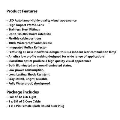 12 LED TRAILER LIGHTS KIT - 1 x Female Round Slim Plug, 1 x 8M 5 CORE CABLE, 12V - Bigeagle Toolboxes