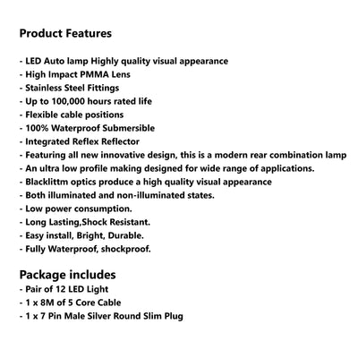 12 LED TRAILER LIGHTS KIT - 1 x Male Round Slim Plug, 1 x 8M 5 CORE CABLE, 12V - Bigeagle Toolboxes