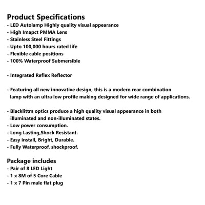 8 LED TRAILER LIGHTS KIT - 1 x Male Flat Plug, 8M x 5 CORE CABLE 12V - Bigeagle Toolboxes