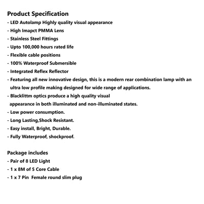 8 LED TRAILER LIGHTS KIT - 1 x Female Silver Round Slim Plug, 8M x 5 CORE CABLE 12V - Bigeagle Toolboxes